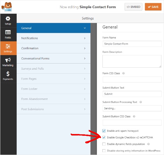 enable recaptcha on wpforms